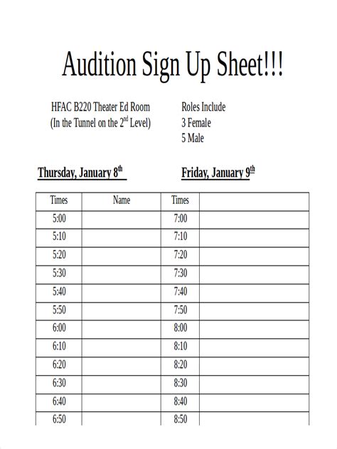 audition sign up sheet template